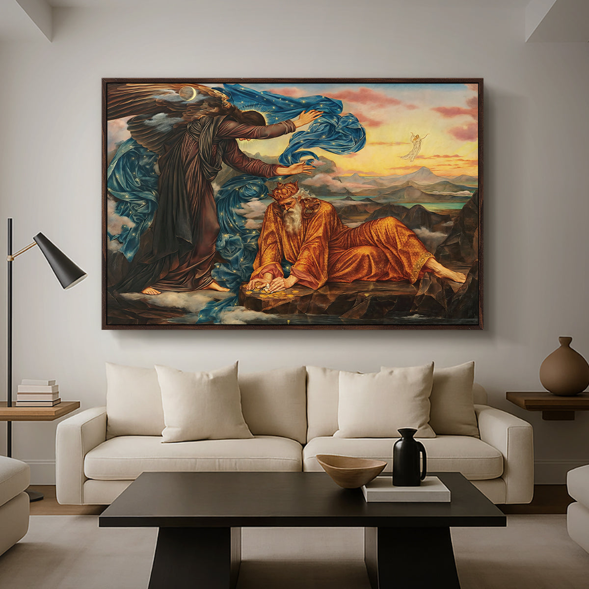 Earthbound, 1897 by Evelyn De Morgan as a walnut floater framed canvas featuring a reclining female figure surrounded by symbolic elements in dreamlike setting, displayed above a sofa in a modern living room.