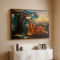Walnut floater framed canvas of Earthbound, 1897 by Evelyn De Morgan, featuring an allegorical scene with woman resting amid flowing drapery and landscape above a console cabinet in a minimalist entryway.