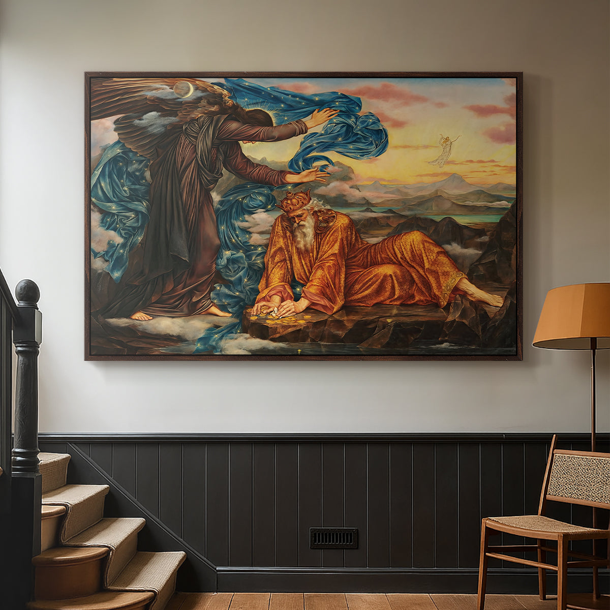 Walnut floater framed canvas featuring a classical-style figure lying in ornate, mystical environment, displayed in a hallway near a staircase.