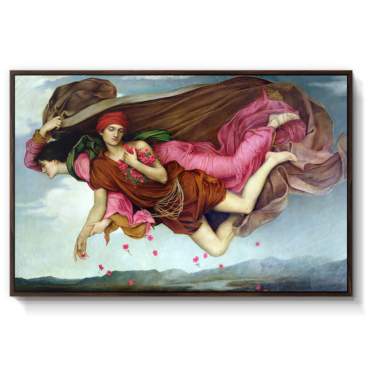 Night and Sleep, 1878 by Evelyn De Morgan in a walnut floater framed canvas wall art display.