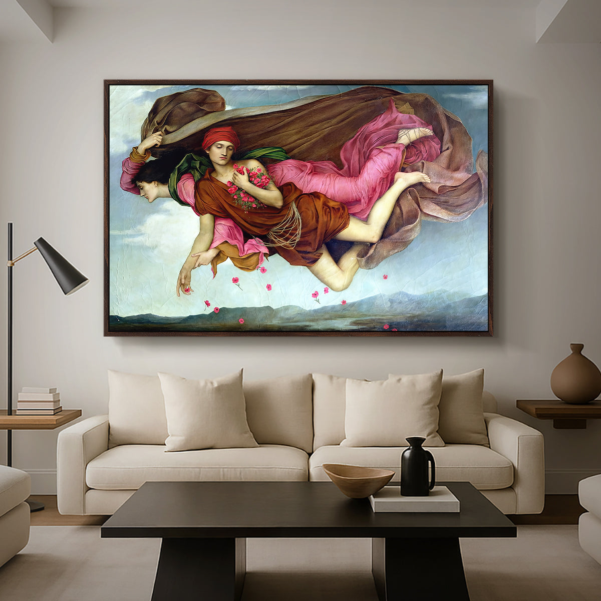 Night and Sleep, 1878 by Evelyn De Morgan as a walnut floater framed canvas featuring two intertwined female figures floating through dark sky representing night and sleep, displayed above a sofa in a modern living room.