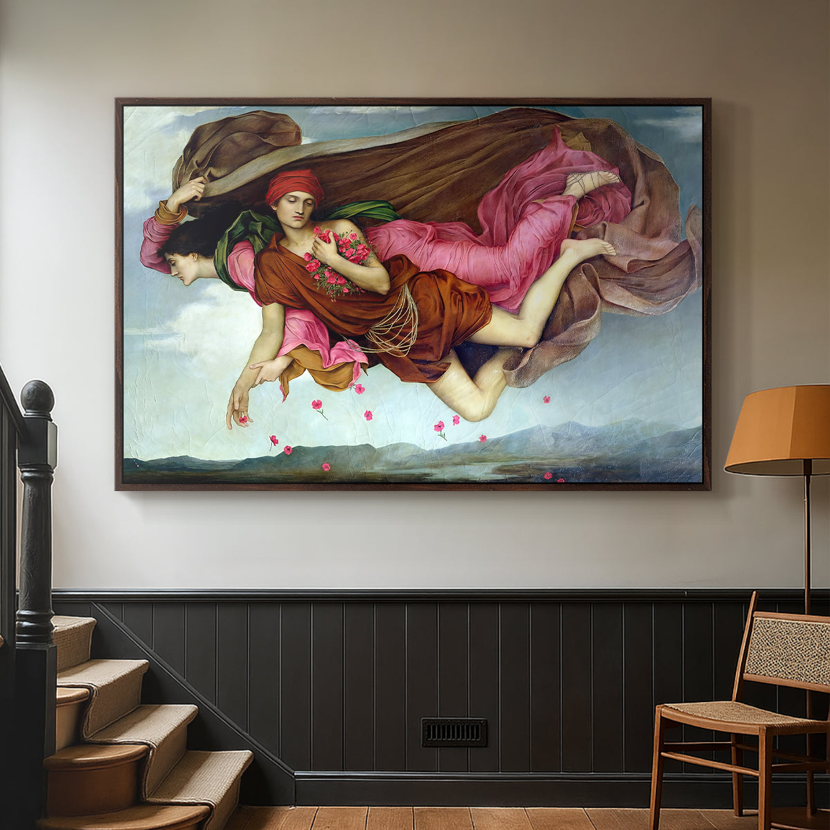 Walnut floater framed canvas featuring an allegorical painting of intertwined figures in celestial setting, displayed in a hallway near a staircase.