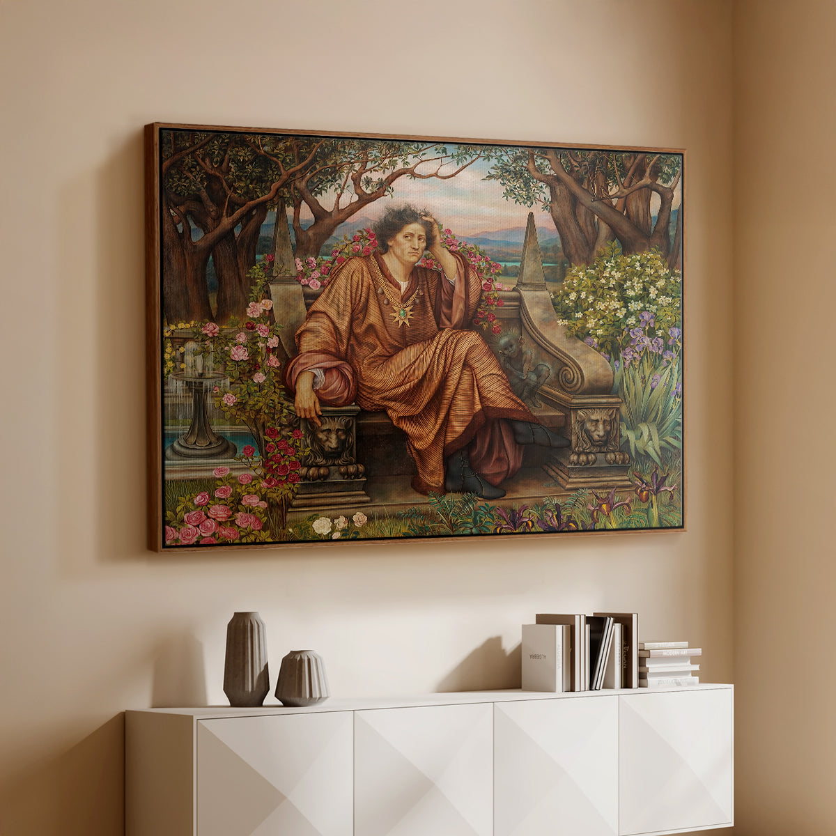 Walnut floater framed canvas of A Soul in Hell, c. 1901-1902 by Evelyn De Morgan, featuring a dramatic allegory of suffering with figure engulfed in fiery environment above a console cabinet in a minimalist entryway.