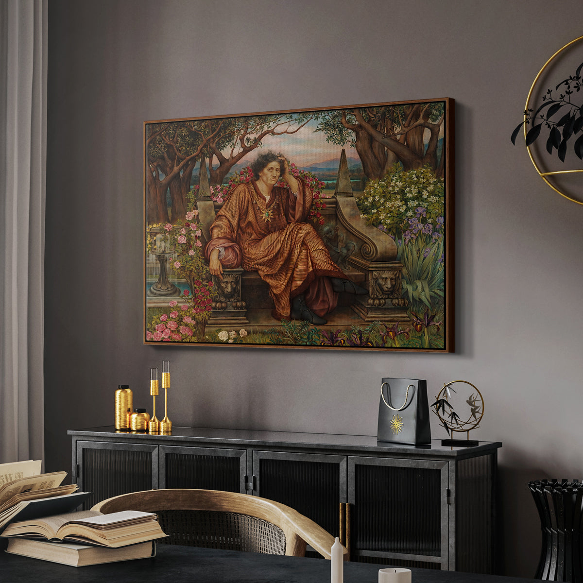 A Soul in Hell, c. 1901-1902 by Evelyn De Morgan in a walnut floater framed canvas featuring a symbolic depiction of soul in anguish amid chaotic forms, displayed above a desk in a dark home office interior.