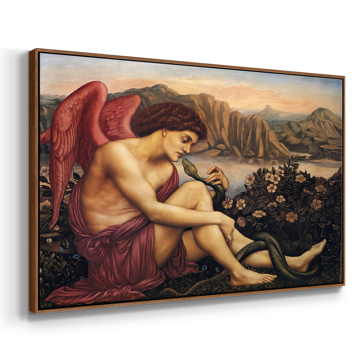 Angled view of The Angel with the Serpent, c. 1870-1875 by Evelyn De Morgan in a walnut floater framed canvas.