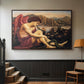 Walnut floater framed canvas featuring a symbolic imagery of purity overcoming evil forces, displayed in a hallway near a staircase.