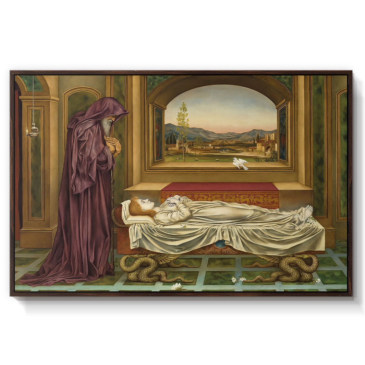 The Wandering Jew: Whom the Gods Love Die Young, 1888 by Evelyn De Morgan in a walnut floater framed canvas wall art display.