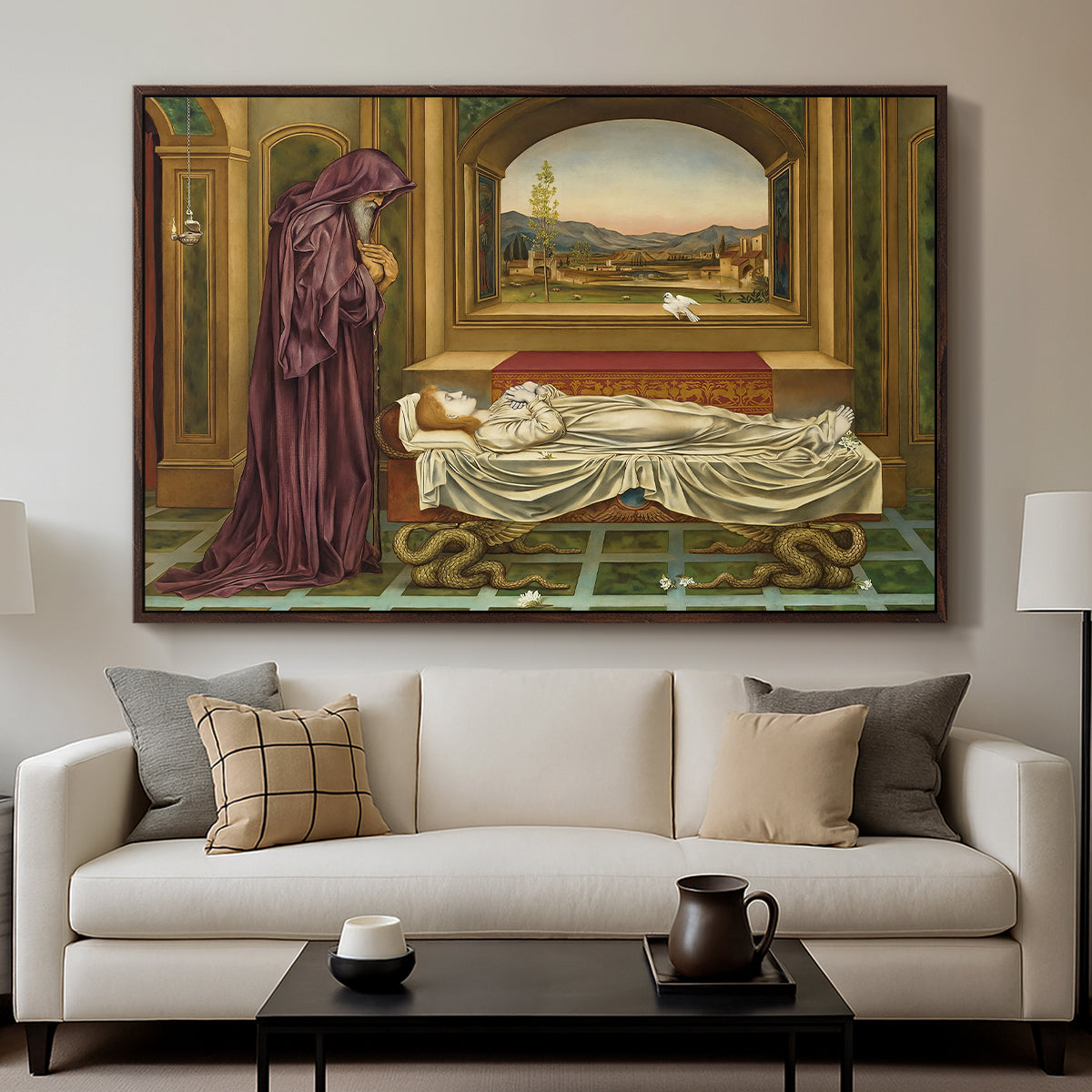 The Wandering Jew: Whom the Gods Love Die Young, 1888 by Evelyn De Morgan displayed in a walnut floater framed canvas above a sofa in a clean living room.