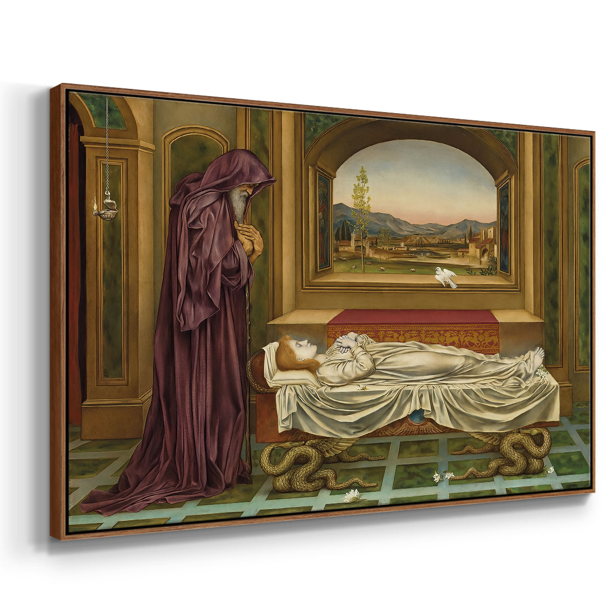 Angled view of The Wandering Jew: Whom the Gods Love Die Young, 1888 by Evelyn De Morgan in a walnut floater framed canvas.