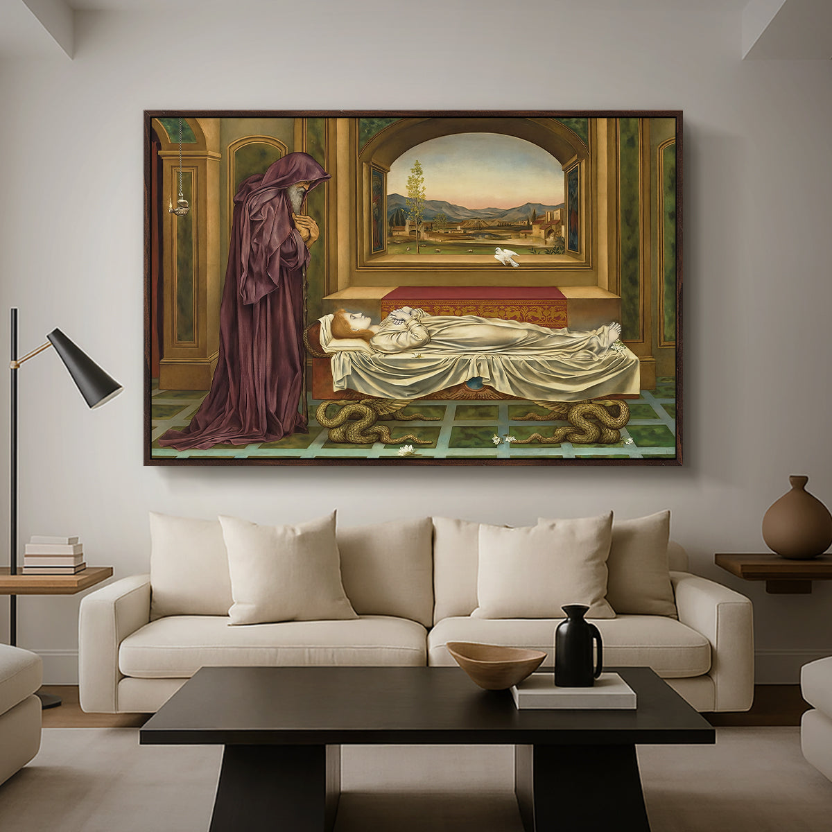 The Wandering Jew: Whom the Gods Love Die Young, 1888 by Evelyn De Morgan as a walnut floater framed canvas featuring a solitary figure standing in interior space with contemplative expression, displayed above a sofa in a modern living room.