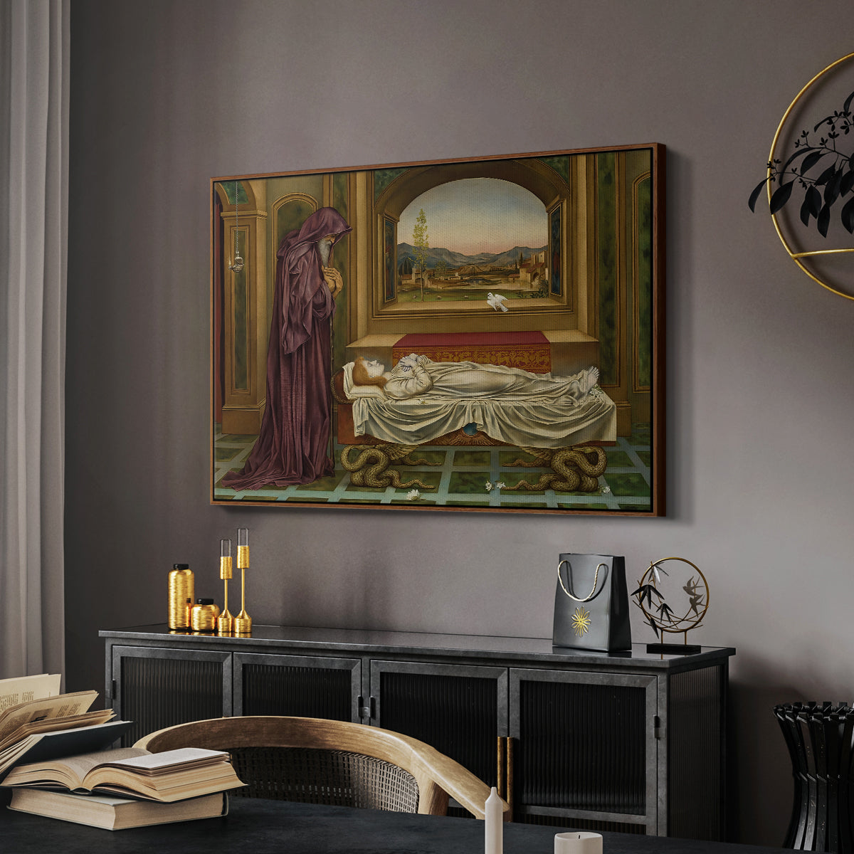 The Wandering Jew: Whom the Gods Love Die Young, 1888 by Evelyn De Morgan in a walnut floater framed canvas featuring an introspective scene with lone figure framed by interior elements, displayed above a desk in a dark home office interior.