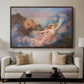 Twilight, 1914 by Evelyn De Morgan displayed in a walnut floater framed canvas above a sofa in a clean living room.