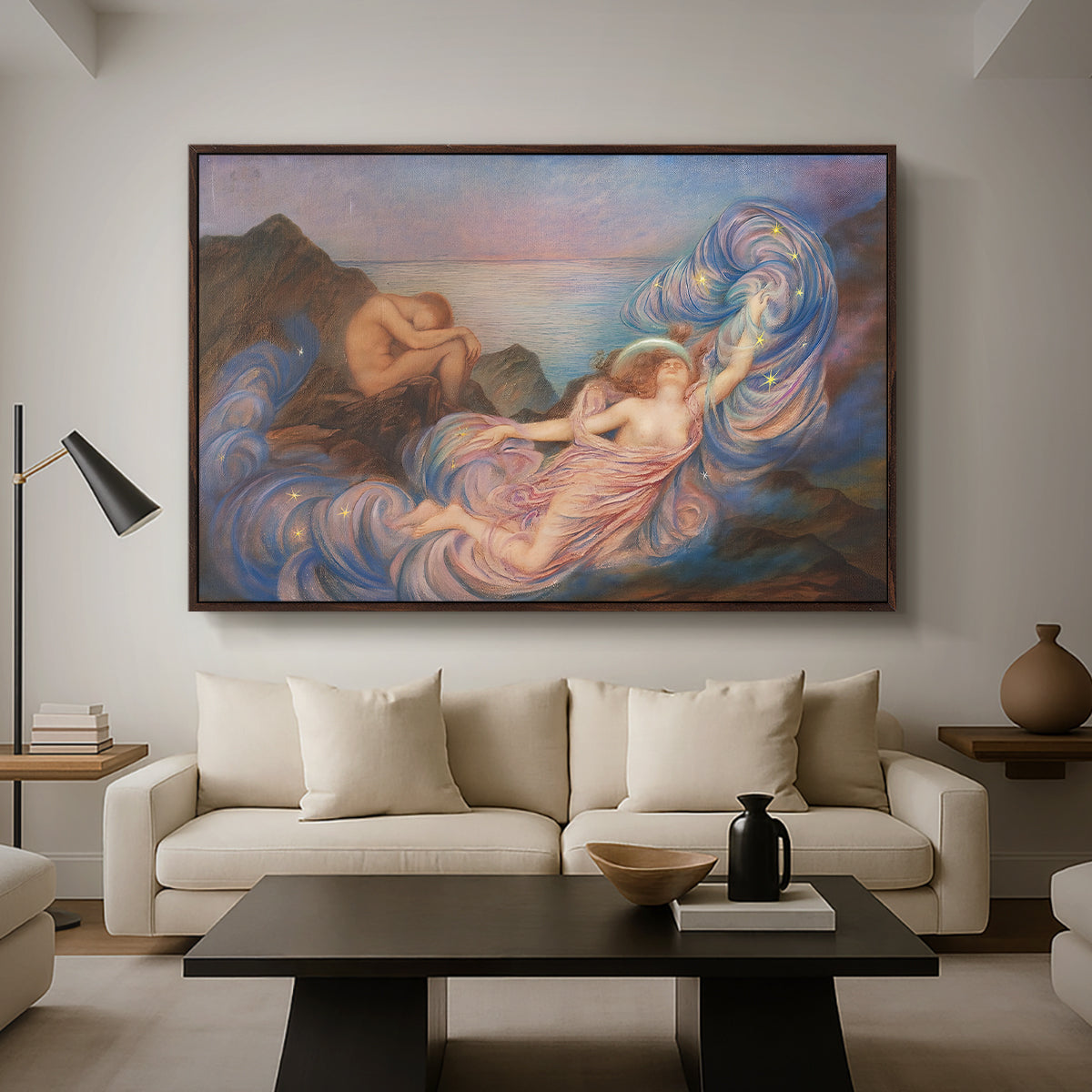 Twilight, 1914 by Evelyn De Morgan as a walnut floater framed canvas featuring a reclining female figure beneath glowing sky at twilight with soft colors, displayed above a sofa in a modern living room.