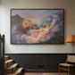 Walnut floater framed canvas featuring a symbolic scene of figure surrounded by evening tones, displayed in a hallway near a staircase.