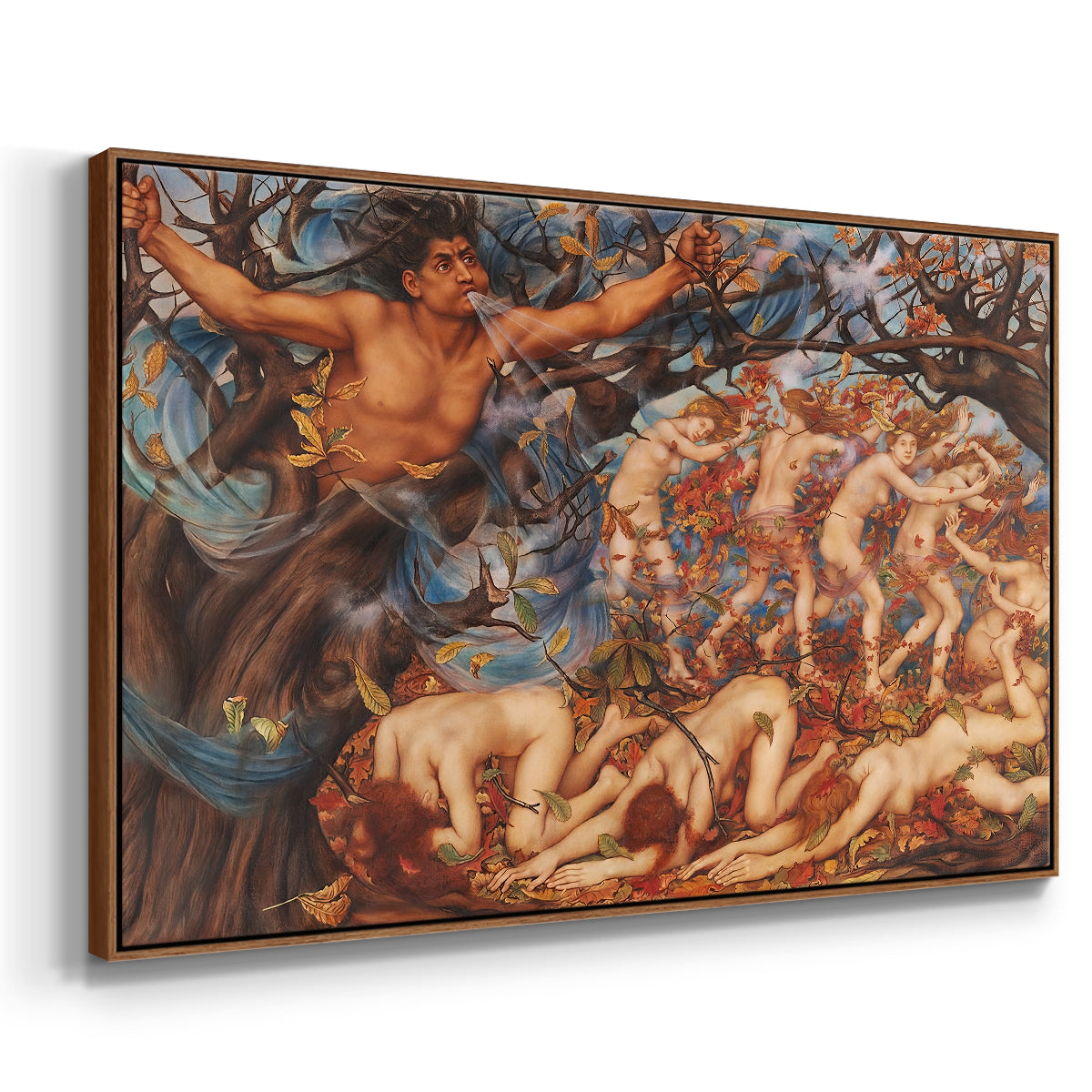 Angled view of Boreas and the Fallen Leaves, c. 1910-1914 by Evelyn De Morgan in a walnut floater framed canvas.