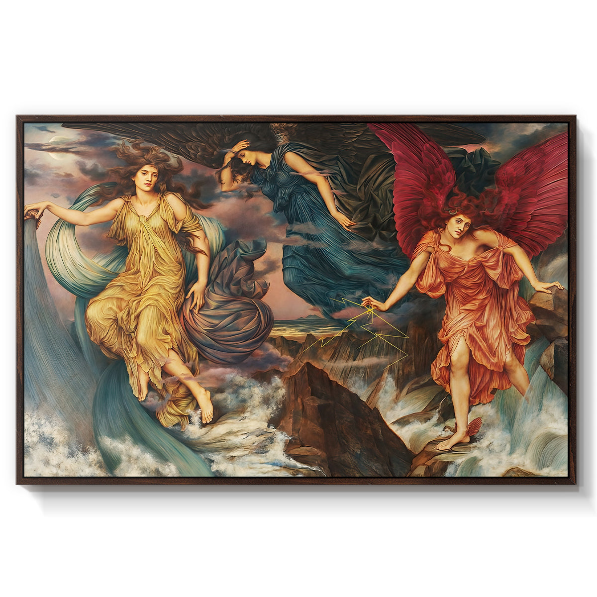 The Storm Spirits, 1900 by Evelyn De Morgan in a walnut floater framed canvas wall art display.