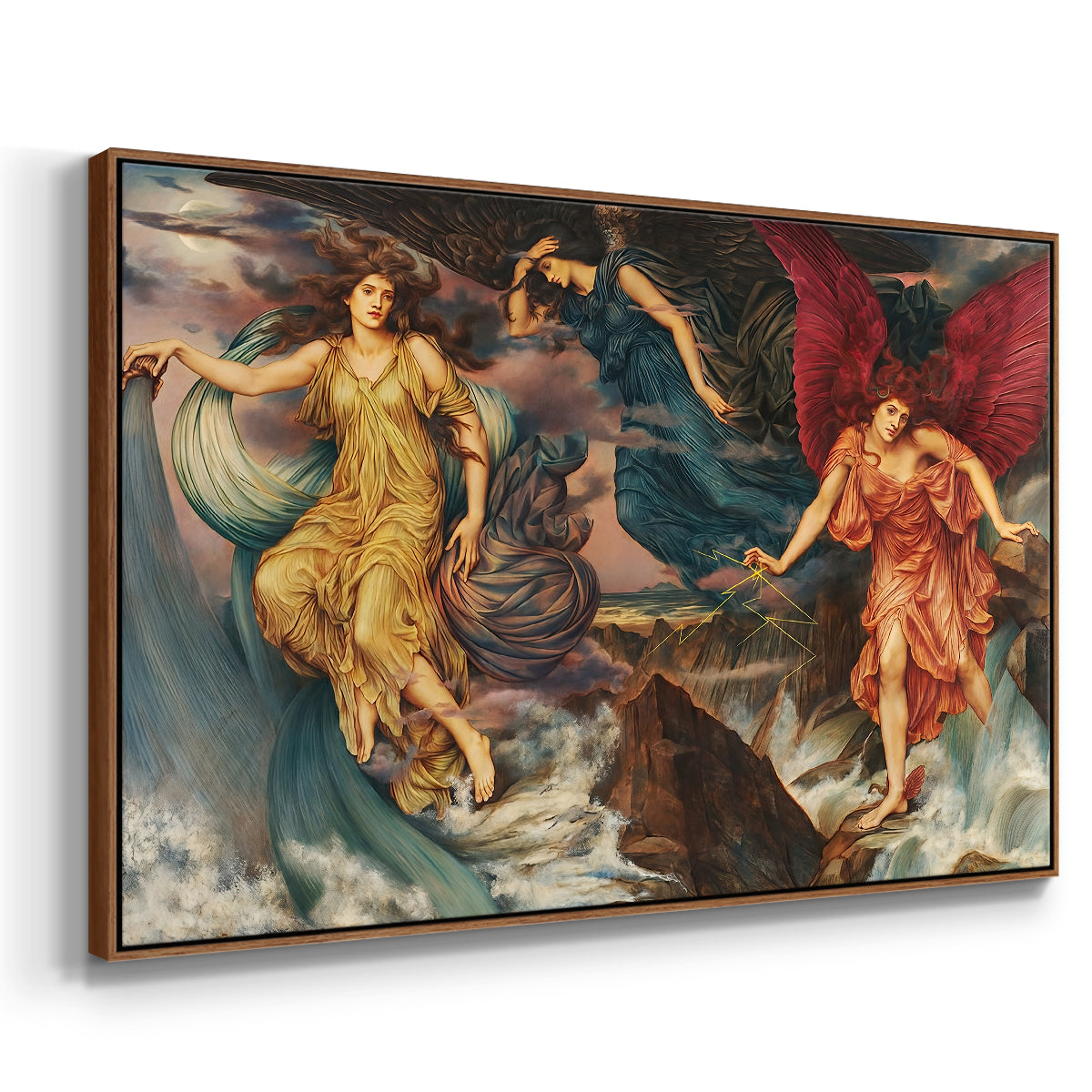 Angled view of The Storm Spirits, 1900 by Evelyn De Morgan in a walnut floater framed canvas.