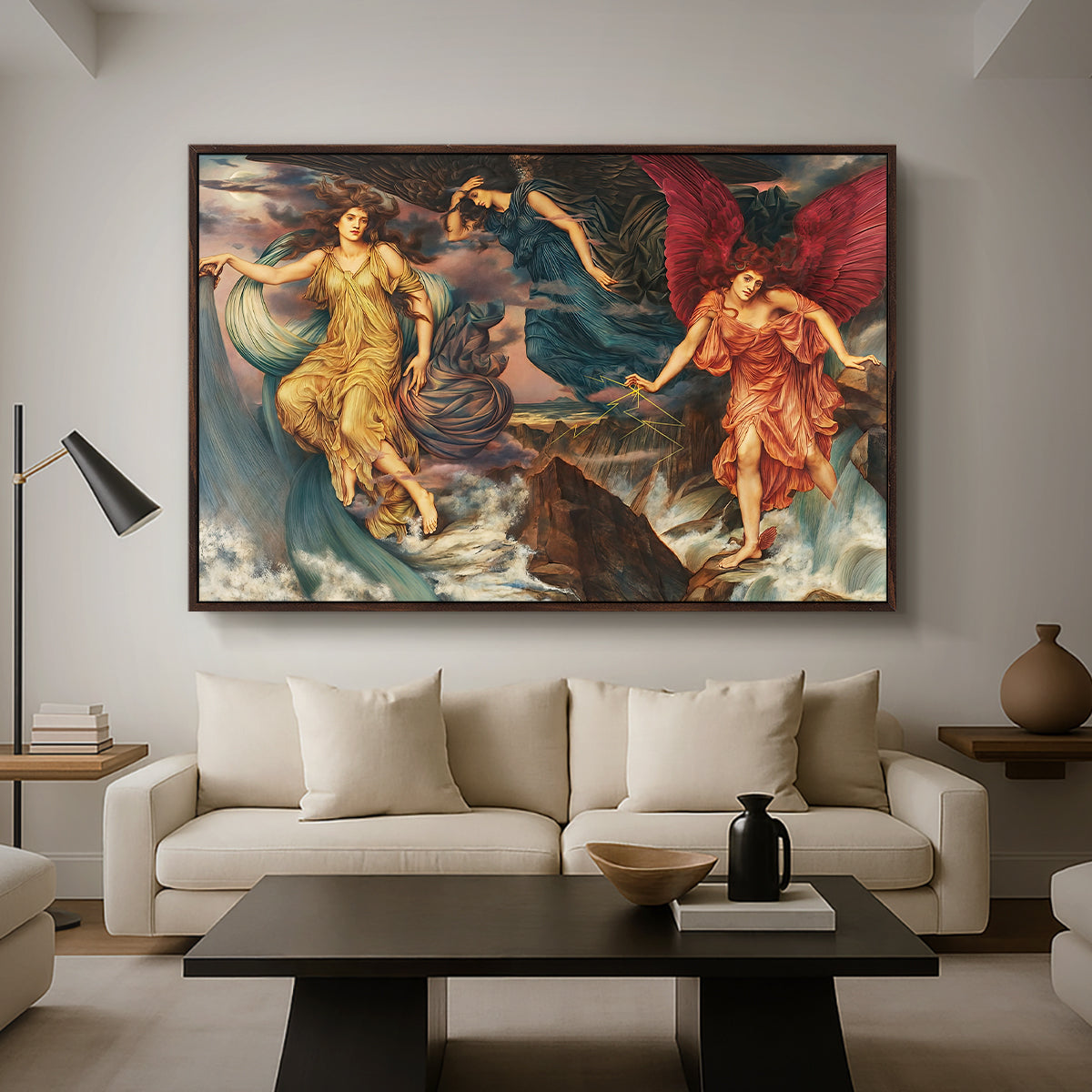 The Storm Spirits, 1900 by Evelyn De Morgan as a walnut floater framed canvas featuring multiple figures swirling through sky representing storm forces in motion, displayed above a sofa in a modern living room.