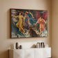 Walnut floater framed canvas of The Storm Spirits, 1900 by Evelyn De Morgan, featuring a dramatic allegory of spirits moving within turbulent sky above a console cabinet in a minimalist entryway.