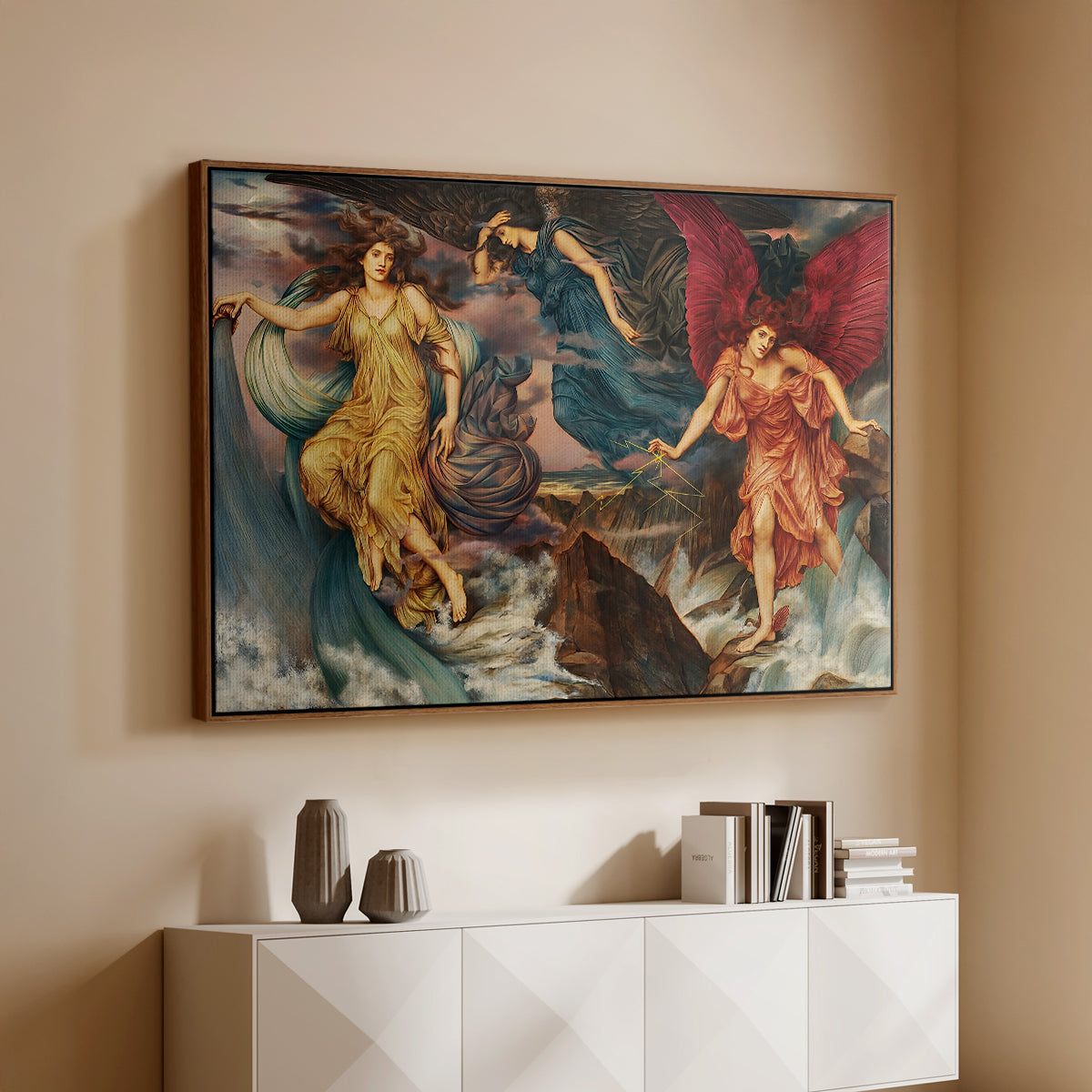 Walnut floater framed canvas of The Storm Spirits, 1900 by Evelyn De Morgan, featuring a dramatic allegory of spirits moving within turbulent sky above a console cabinet in a minimalist entryway.