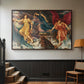 Walnut floater framed canvas featuring a symbolic scene of airborne figures in chaotic movement, displayed in a hallway near a staircase.