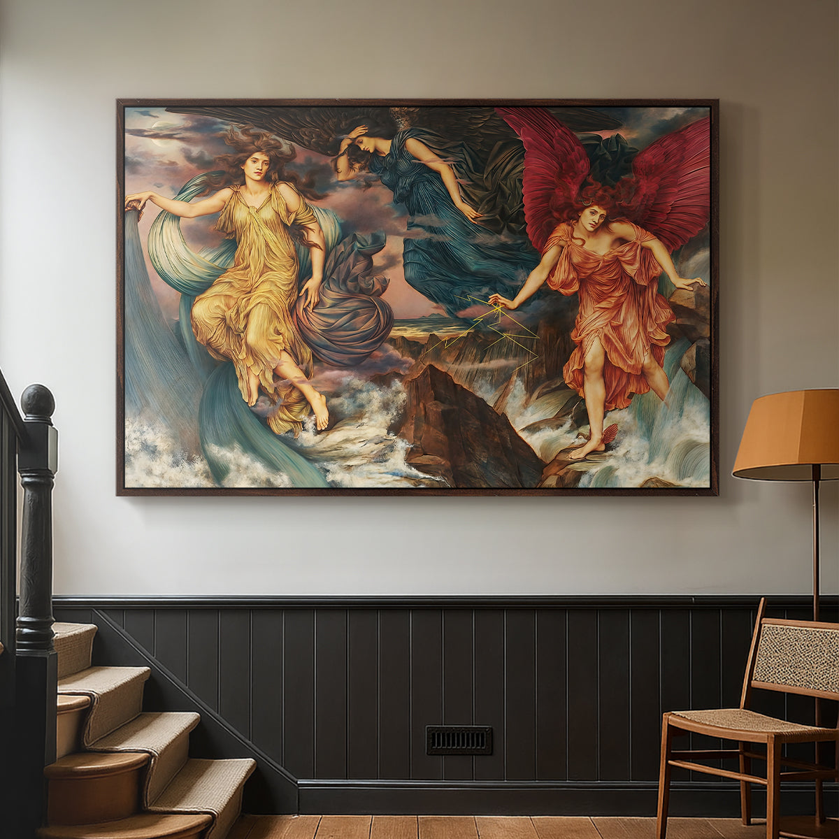 Walnut floater framed canvas featuring a symbolic scene of airborne figures in chaotic movement, displayed in a hallway near a staircase.