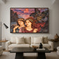 The Vision, 1914 by Evelyn De Morgan as a walnut floater framed canvas featuring two female figures gazing outward with vivid sky behind them, displayed above a sofa in a modern living room.