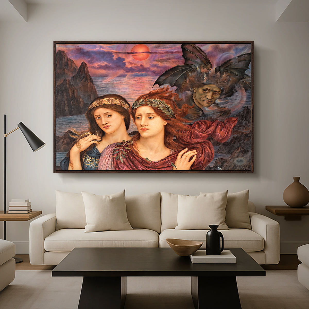 The Vision, 1914 by Evelyn De Morgan as a walnut floater framed canvas featuring two female figures gazing outward with vivid sky behind them, displayed above a sofa in a modern living room.