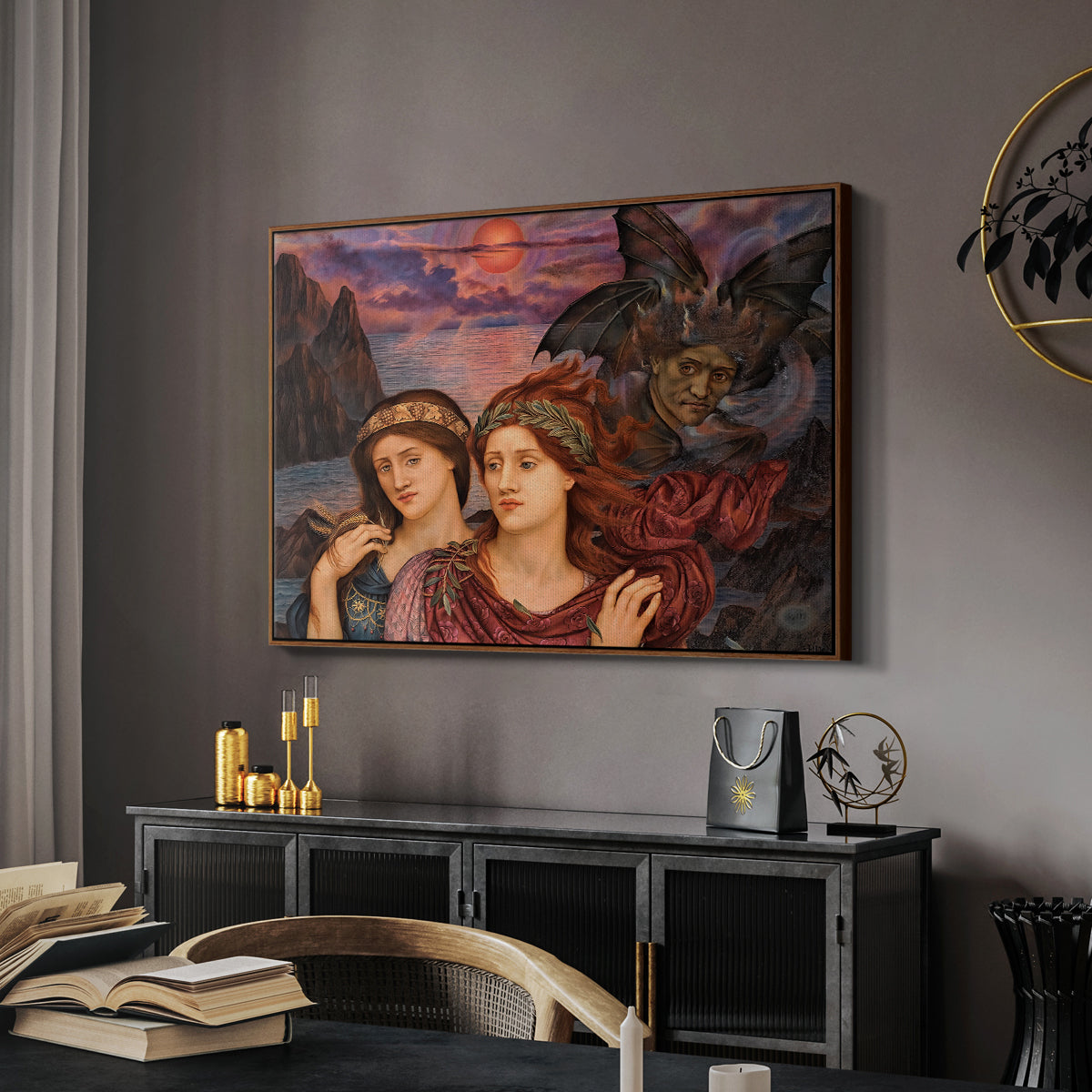 The Vision, 1914 by Evelyn De Morgan in a walnut floater framed canvas featuring an expressive composition with figures and dramatic sky, displayed above a desk in a dark home office interior.