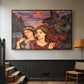 Walnut floater framed canvas featuring an allegorical scene emphasizing emotion and color, displayed in a hallway near a staircase.