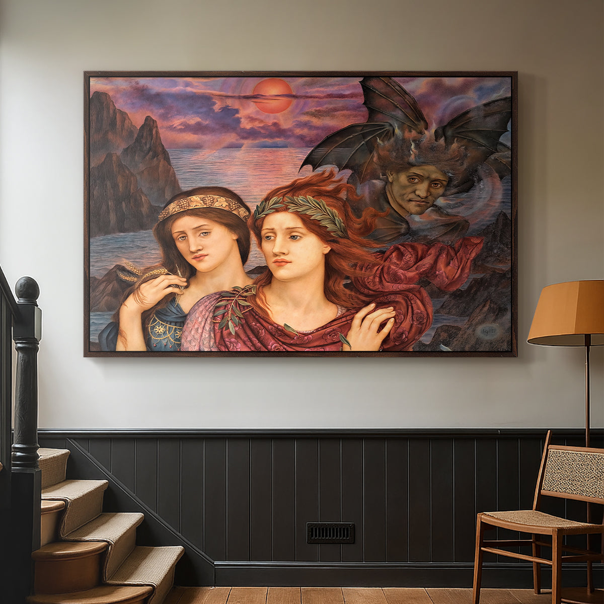 Walnut floater framed canvas featuring an allegorical scene emphasizing emotion and color, displayed in a hallway near a staircase.