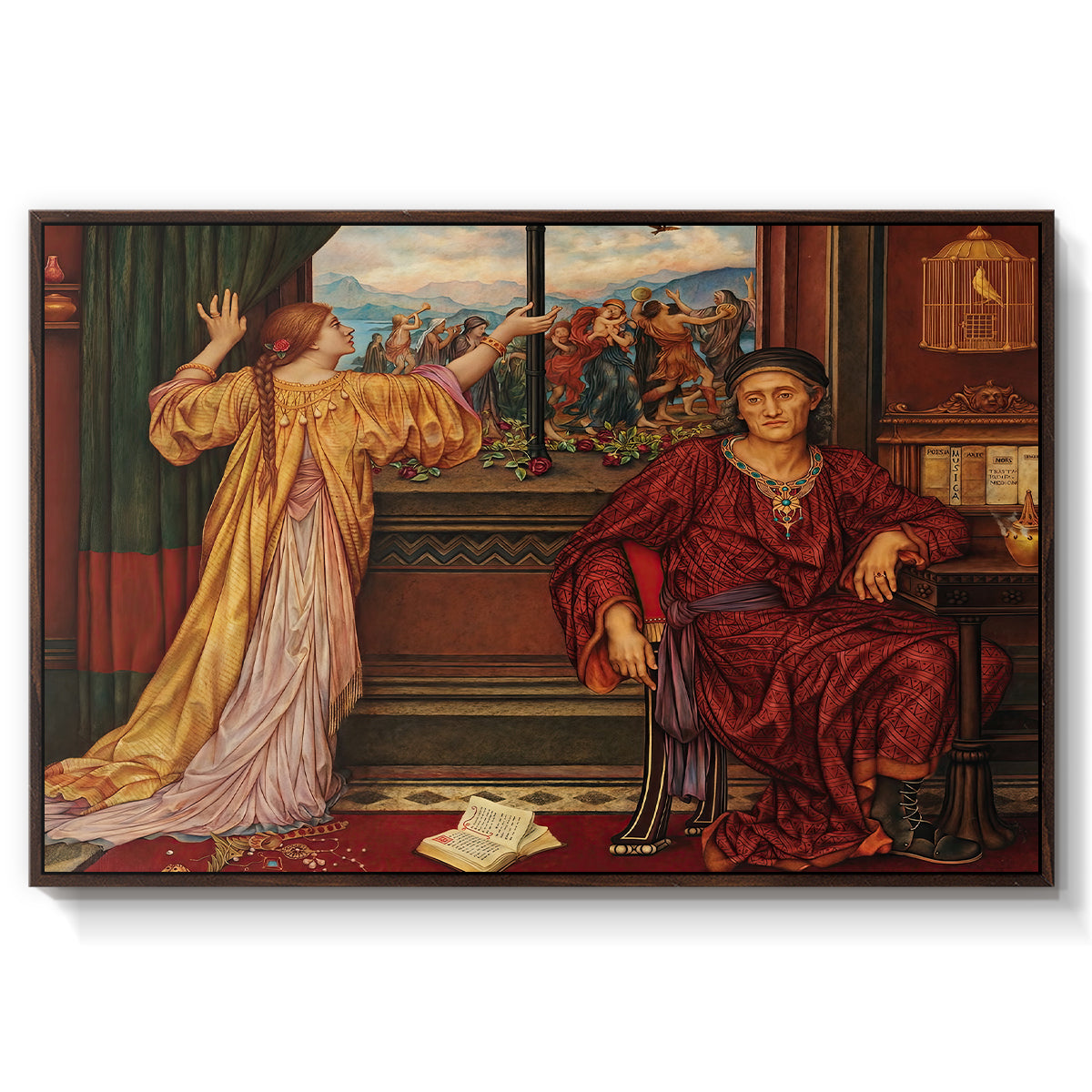 The Gilded Cage, c. 1901-1902 by Evelyn De Morgan in a walnut floater framed canvas wall art display.