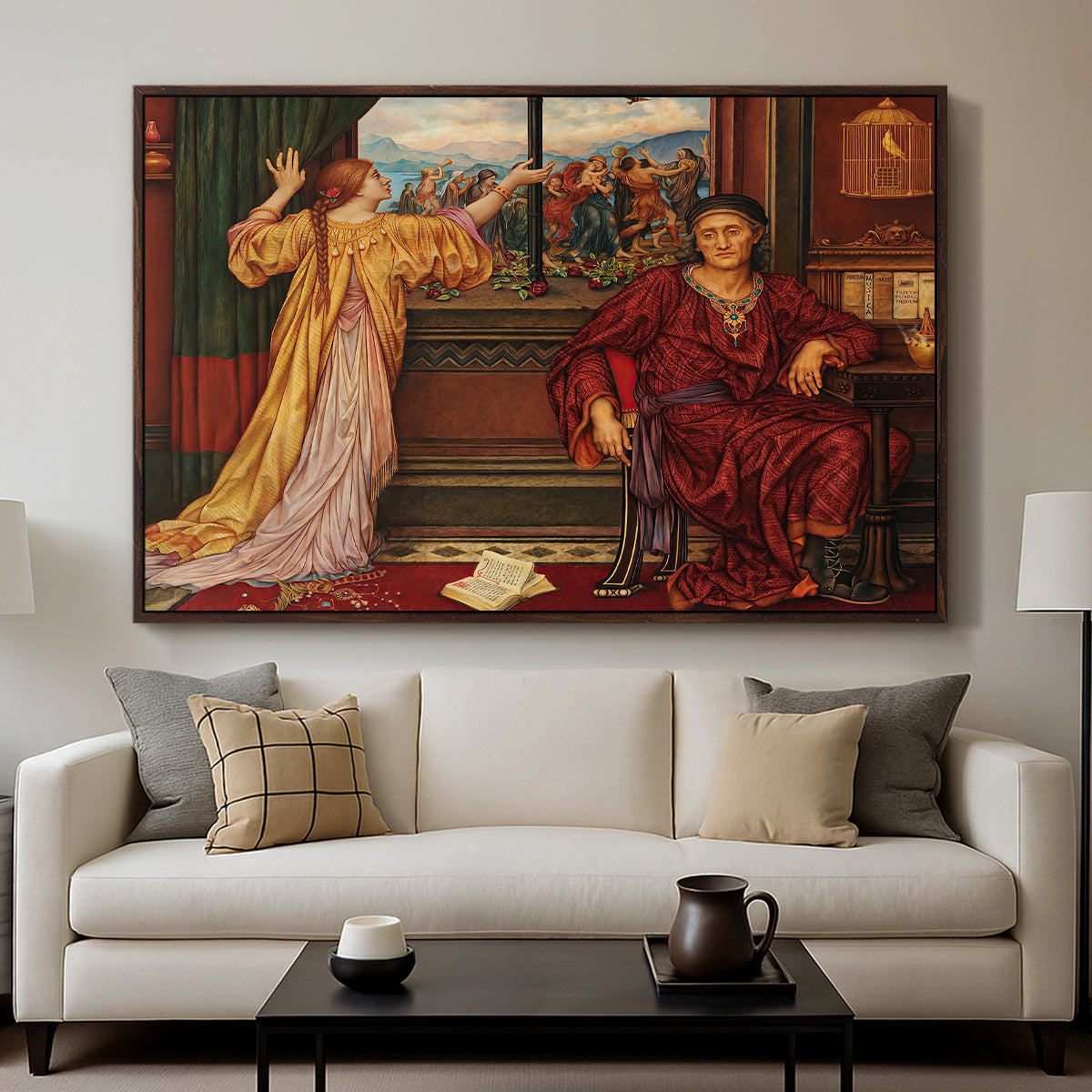 The Gilded Cage, c. 1901-1902 by Evelyn De Morgan displayed in a walnut floater framed canvas above a sofa in a clean living room.
