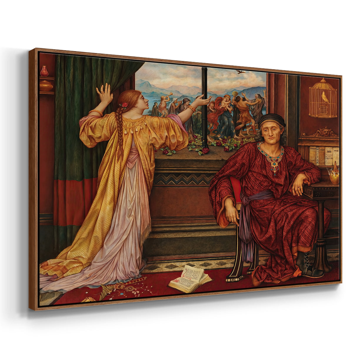 Angled view of The Gilded Cage, c. 1901-1902 by Evelyn De Morgan in a walnut floater framed canvas.