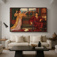 The Gilded Cage, c. 1901-1902 by Evelyn De Morgan as a walnut floater framed canvas featuring a woman seated inside ornate interior symbolizing confinement and luxury, displayed above a sofa in a modern living room.
