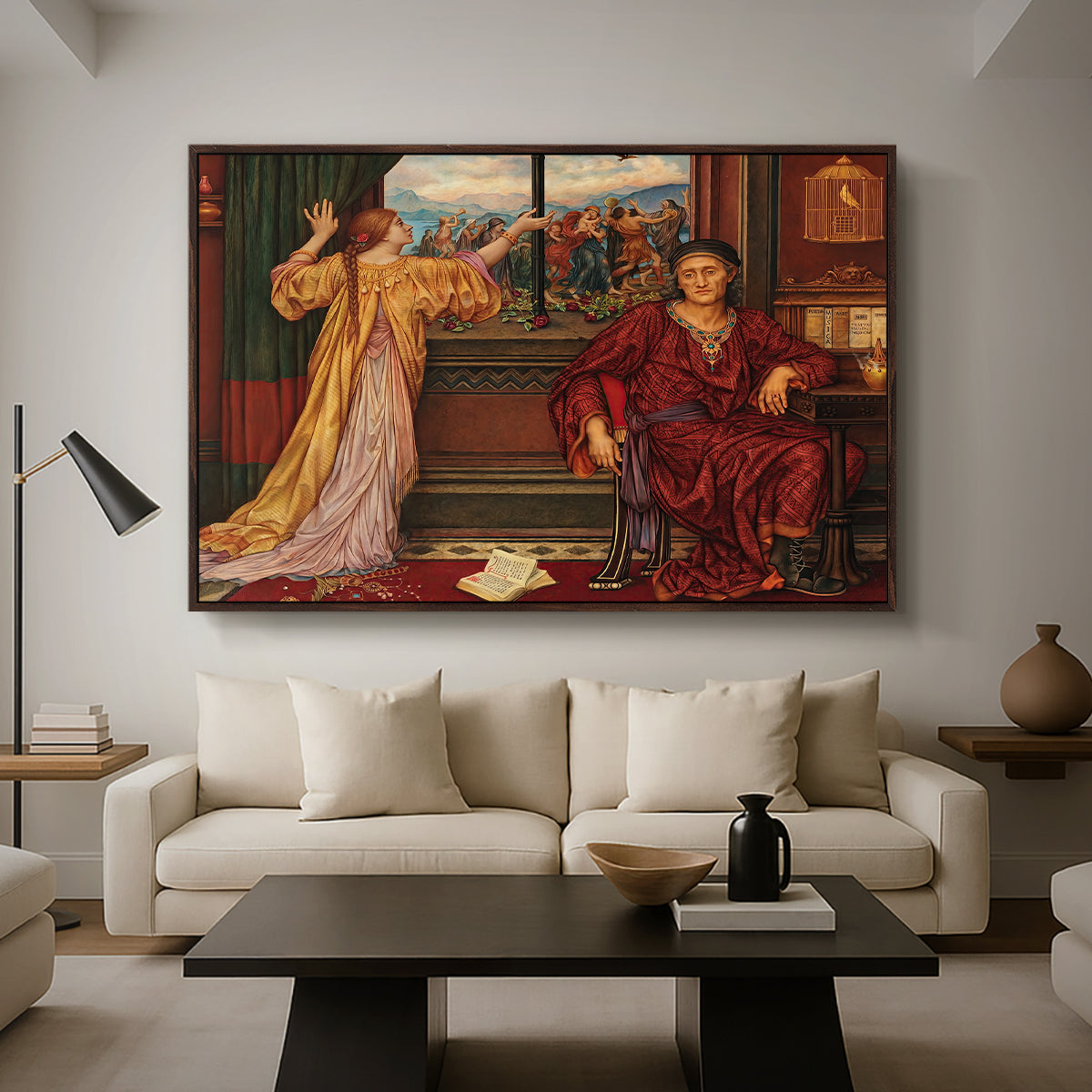 The Gilded Cage, c. 1901-1902 by Evelyn De Morgan as a walnut floater framed canvas featuring a woman seated inside ornate interior symbolizing confinement and luxury, displayed above a sofa in a modern living room.