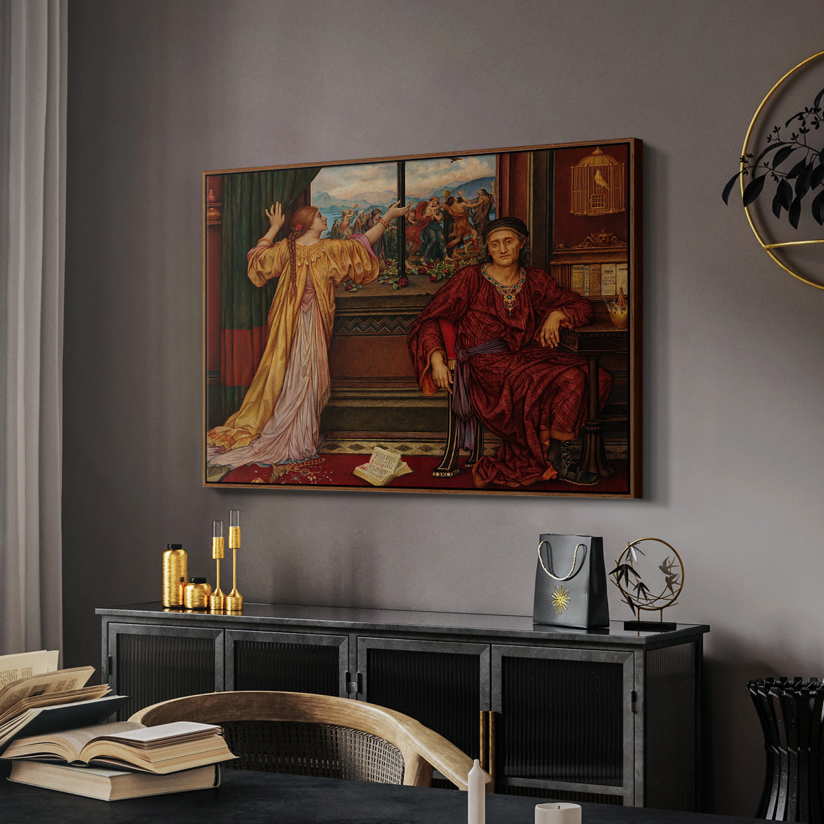 The Gilded Cage, c. 1901-1902 by Evelyn De Morgan in a walnut floater framed canvas featuring an interior composition with woman and gilded elements suggesting restriction, displayed above a desk in a dark home office interior.
