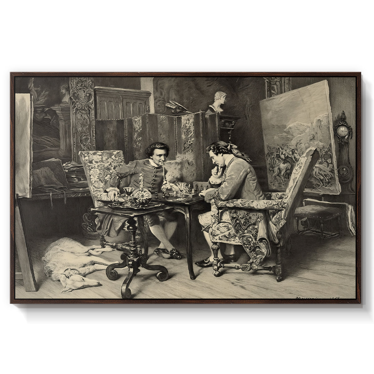 The Chess Players, 1858 by Ernest Meissonier in a walnut floater framed canvas wall art display.