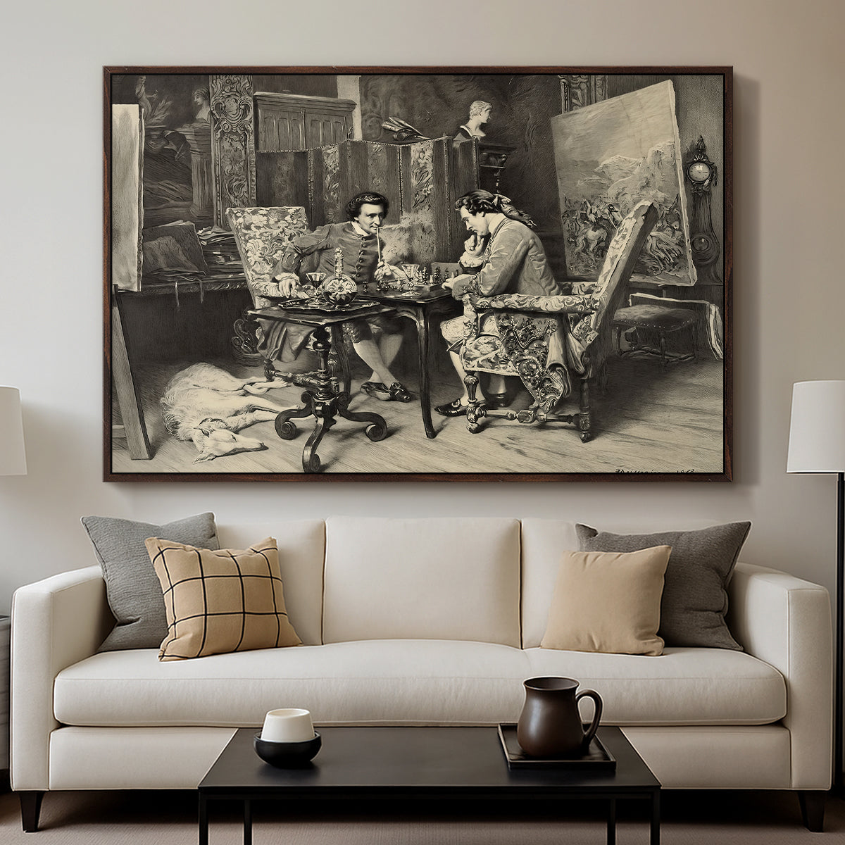 The Chess Players, 1858 by Ernest Meissonier displayed in a walnut floater framed canvas above a sofa in a clean living room.