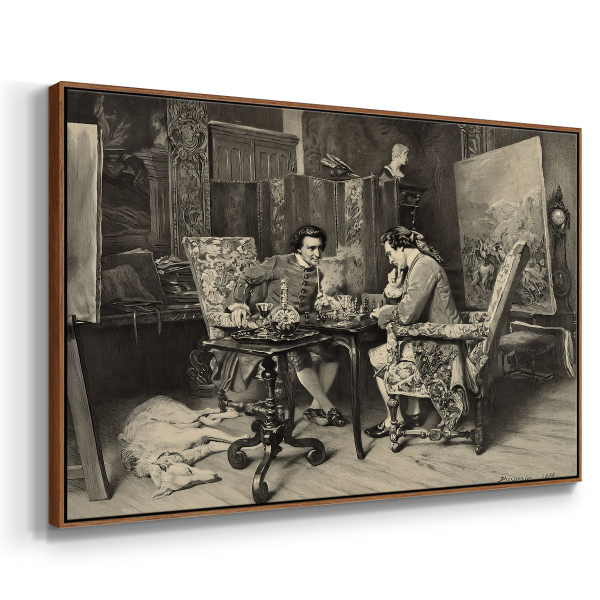 Angled view of The Chess Players, 1858 by Ernest Meissonier in a walnut floater framed canvas.