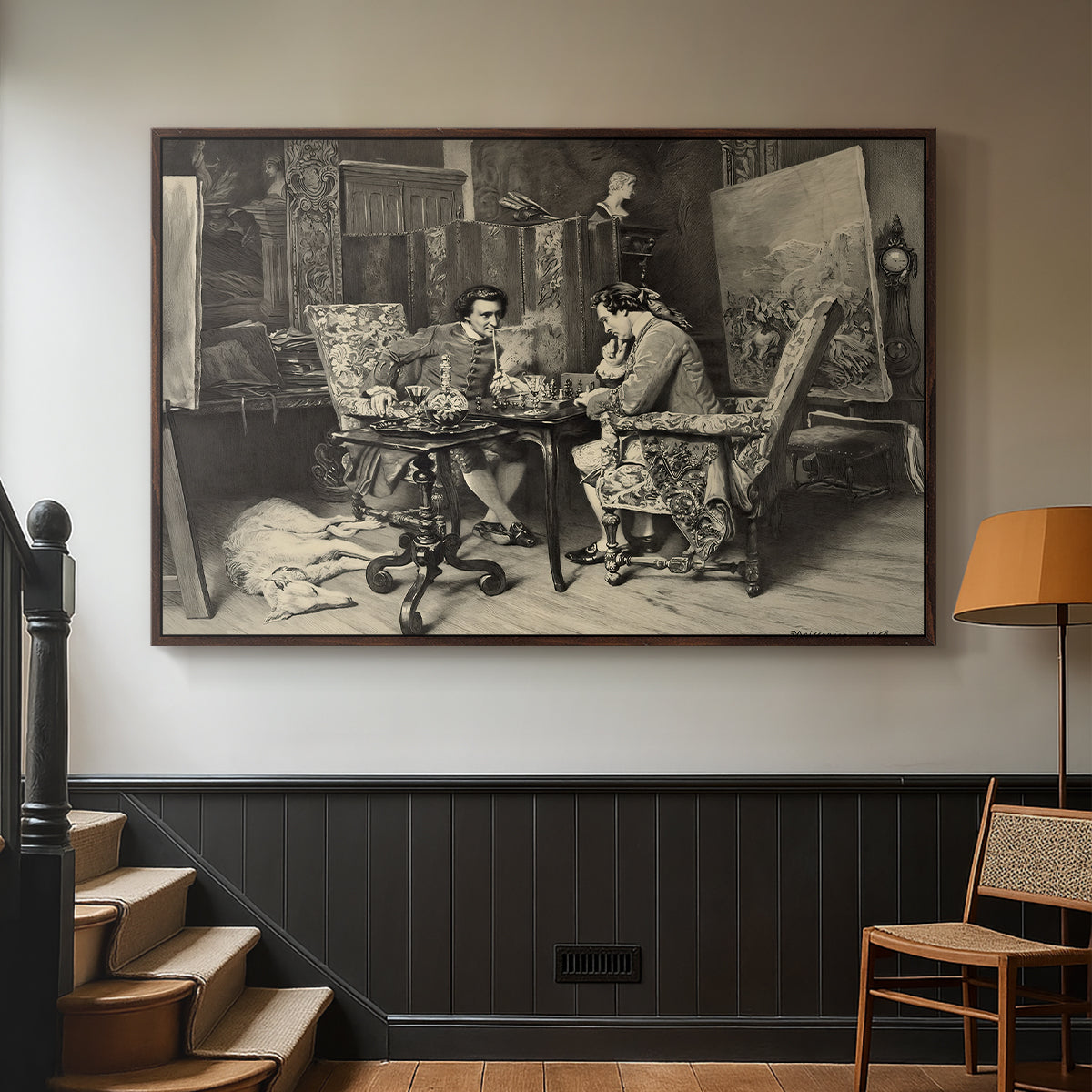 Walnut floater framed canvas featuring a monochrome-style depiction of strategic game between two figures, displayed in a hallway near a staircase.