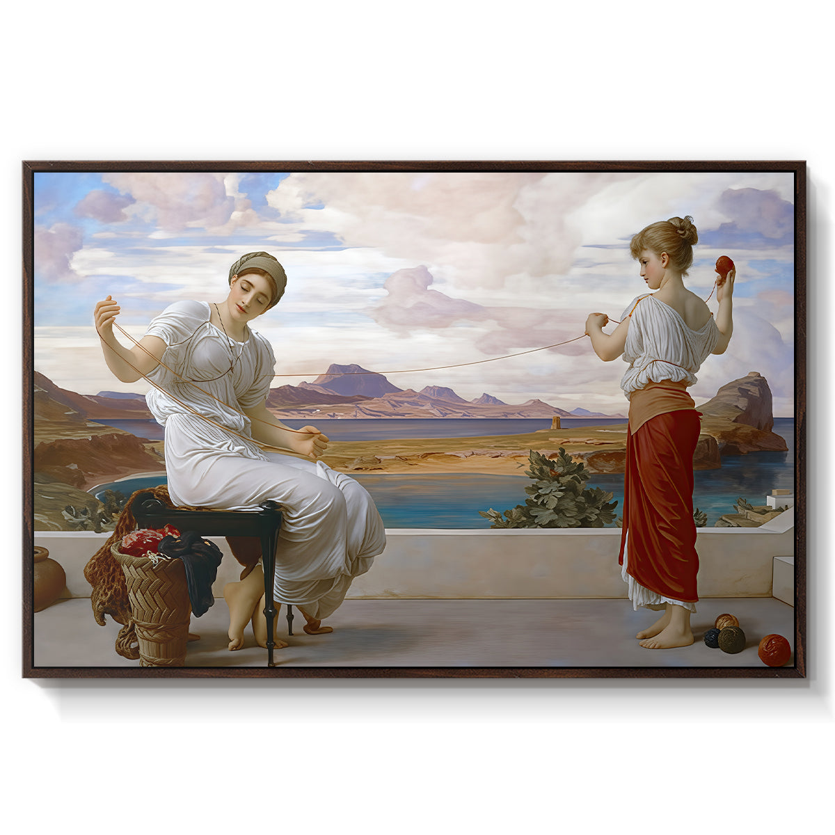 Winding the Skein, c. 1878 by Frederic Leighton in a walnut floater framed canvas wall art display.