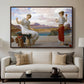 Winding the Skein, c. 1878 by Frederic Leighton displayed in a walnut floater framed canvas above a sofa in a clean living room.