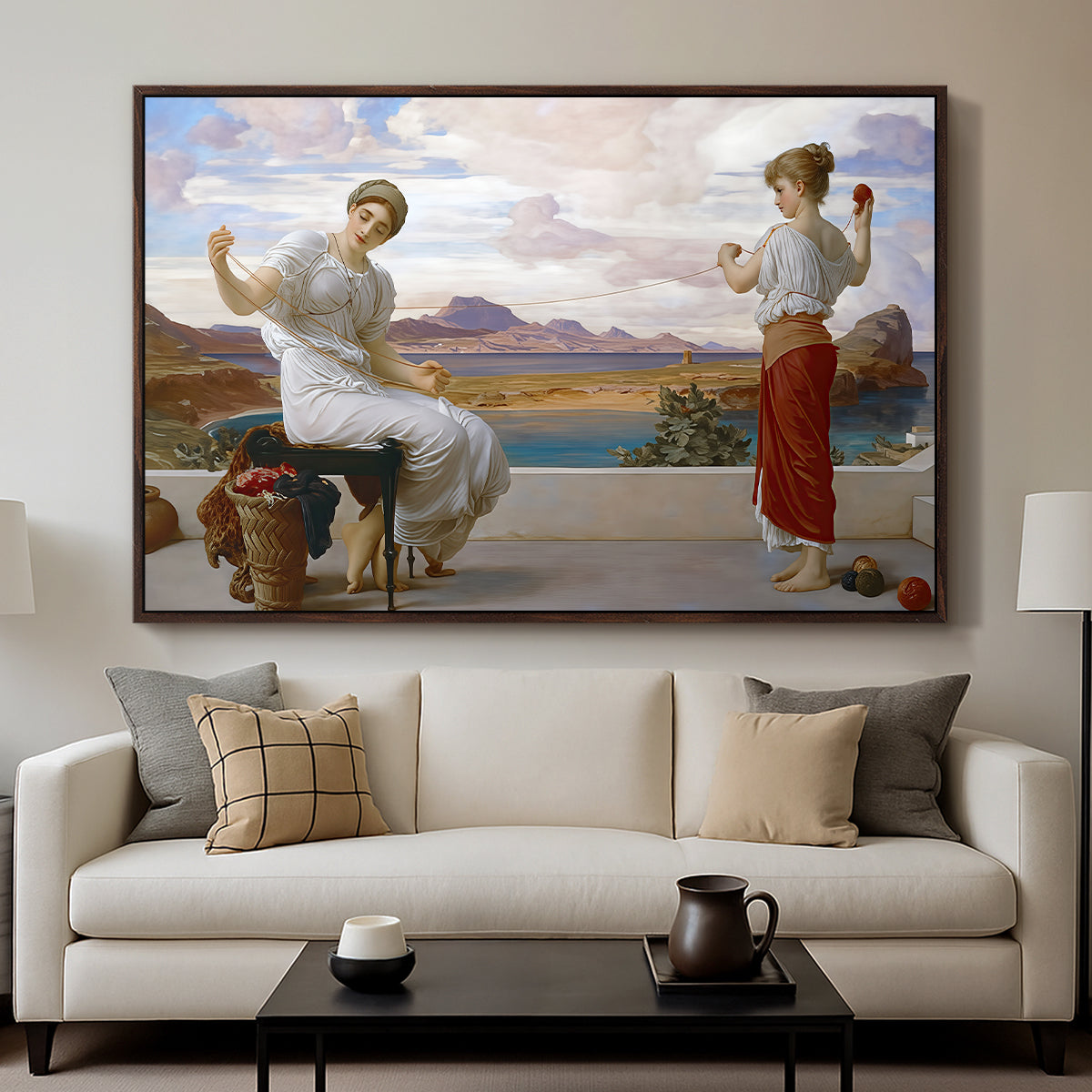 Winding the Skein, c. 1878 by Frederic Leighton displayed in a walnut floater framed canvas above a sofa in a clean living room.