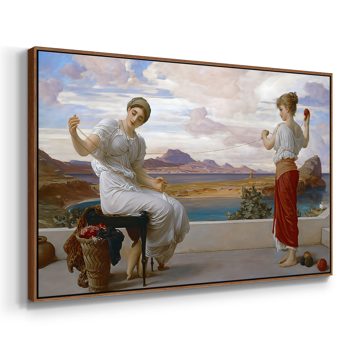 Angled view of Winding the Skein, c. 1878 by Frederic Leighton in a walnut floater framed canvas.