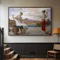 Walnut floater framed canvas featuring an elegant composition of women performing domestic task, displayed in a hallway near a staircase.