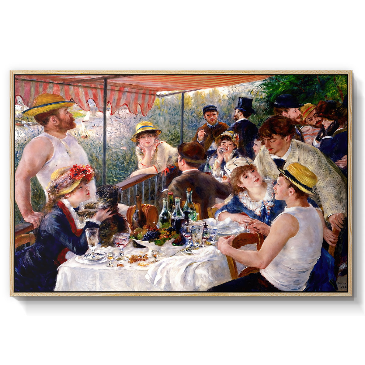 Luncheon of the Boating Party (Le Déjeuner des canotiers), 1880-1881 by Pierre-Auguste Renoir in a natural wood floater framed canvas wall art display.