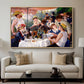 Luncheon of the Boating Party (Le Déjeuner des canotiers), 1880-1881 by Pierre-Auguste Renoir displayed in a natural wood floater framed canvas above a sofa in a clean living room.