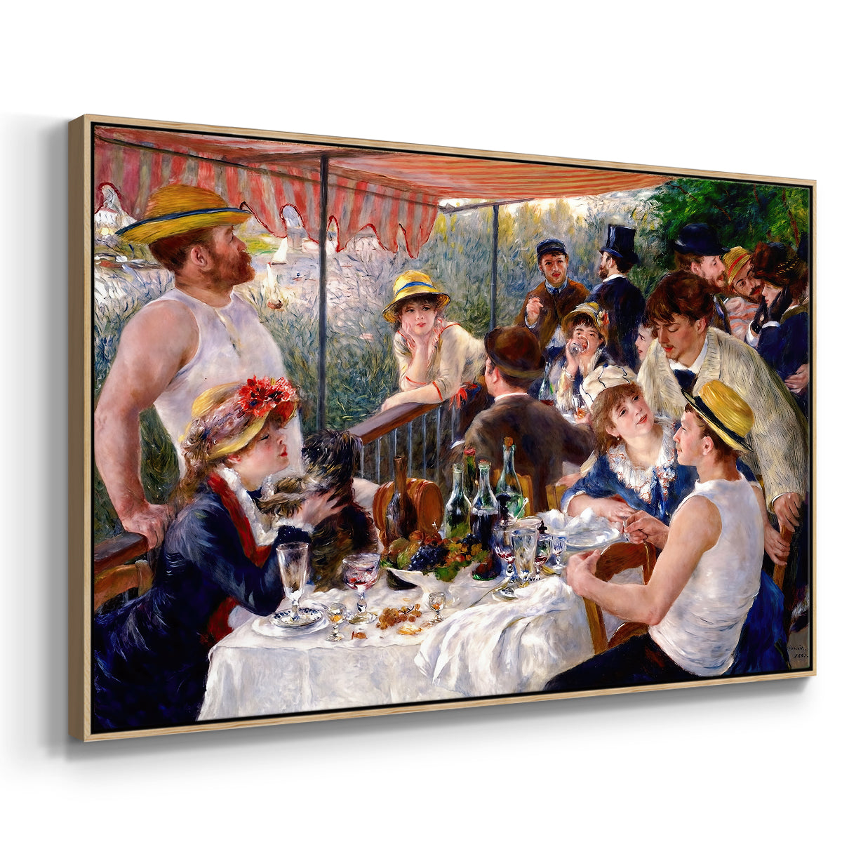 Angled view of Luncheon of the Boating Party (Le Déjeuner des canotiers), 1880-1881 by Pierre-Auguste Renoir in a natural wood floater framed canvas.