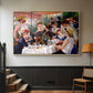 Natural wood floater framed canvas featuring a social dining scene with figures seated around table on riverside terrace, displayed in a hallway near a staircase.